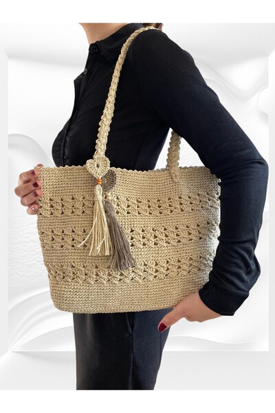 ELİŞİ MODA El Yapımı Kağıt İp Örgü Günlük Askılı Omuz Çantası Astarlı, Cepli,...