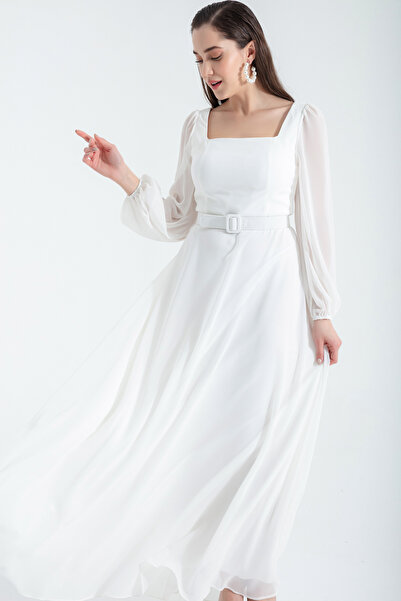 Lafaba Dámské bílé večerní šaty se čtvercovým límečkem a dlouhým šifonem