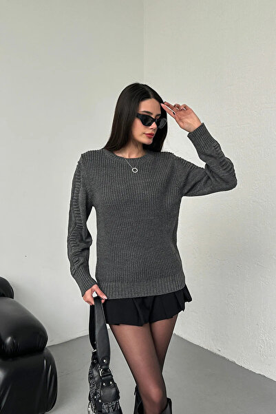 Nosia Long Sleeve Women's Smoke Color Knitwear Sweater with Embossed Sleeves