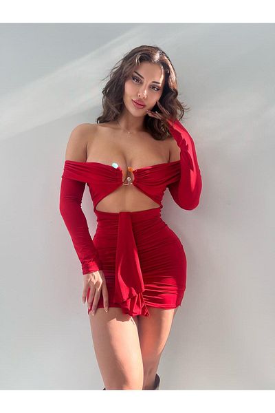 pink life Red Strapless Buckle Full Lycra Mini Dress