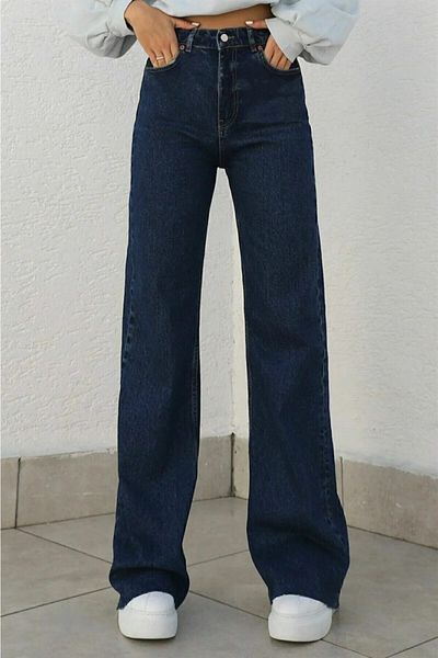 LİMABEL Dark Blue High Waist Loose Jeans Dark Blue Wash Palazzo Lycra Stretch Denim Fabric Navy Blue Jeans