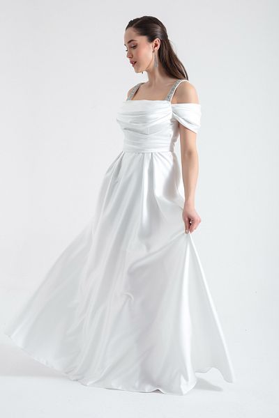 Lafaba Langes Abendkleid aus Satin mit drapierten Trägern und weißen Steinen für Damen