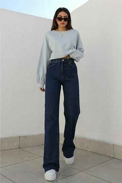 LİMABEL Dark Blue High Waist Loose Jeans Dark Blue Wash Palazzo Lycra Stretch Denim Fabric Navy Blue Jeans