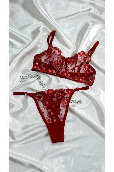 Clara Butik Floral Patterned Lace Brode Underwire Bralet and Red Lingerie Set