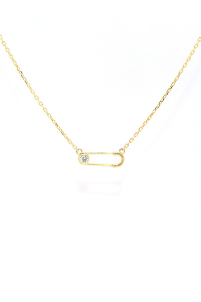 OJ Own Jewelry Çengel Iğne Kolye Zirkon Tek Taş 14 Ayar Altın Kaplama 925 Aya...