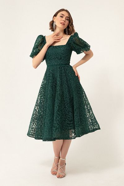 Lafaba Women's Emerald Green Balloon Sleeve Silvery Midi Evening Dress