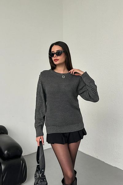 Nosia Long Sleeve Women's Smoke Color Knitwear Sweater with Embossed Sleeves