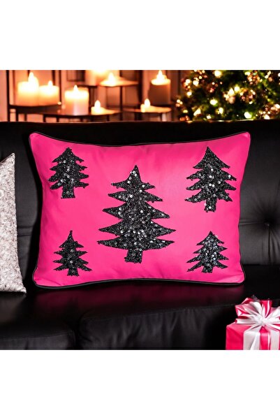 Leila Home and Living Pembe siyah deri payetli çam ağacı yılbaşı kırlent kılıfı