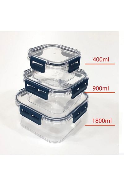 SAVLAR 3-Piece Square Lockable Sealed Storage Mica 400Ml+900Ml+1800Ml