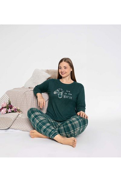 bie's Women's Crew Neck Button-Free Winter Thermal Fabric Wrist Cuff Long Sleeve Jogger Pajamas Set with Pockets