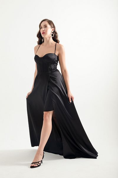 OFZE Women's Black Straps Long Satin Evening Dress
