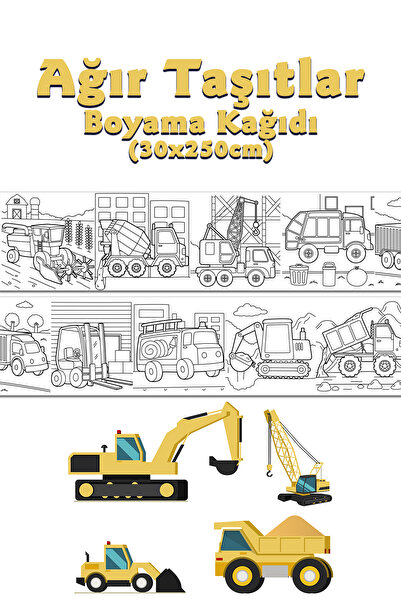 BiWini Ağır Taşıtlar Temalı Dev Boyama Kağıdı 2,5 Metre Rulo Boyama Kağıdı - ...