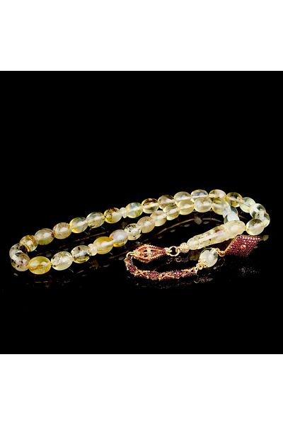 Tesbihsepetim Red Zircon Stone Silver Tasseled Fossil Drop Amber Rosary