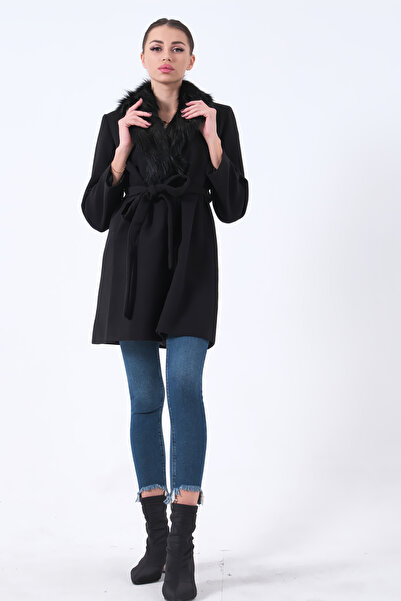 Feminist Seyyar Kürklü Çift Cepli Kaşe Kaban Siyah 0108080