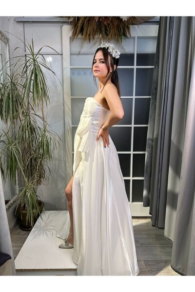 Abiye's STRAPLEZ MİDİ SATEN NİŞAN SÖZ İSTEME EVDEN ÇIKMA BEKARLIĞA VEDA BEYAZ NİKAH ELBİSESİ