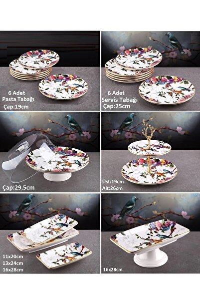 Pinkev 19 Parça Fanuslu Seramik Pasta Servis Sunum Tabağı Seti - Karışık