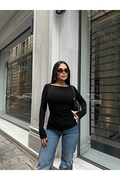 Genel Markalar Kadın Siyah Kayık  Yaka Basic Uzun Kol Yanı Yırtmaçlı Bluz