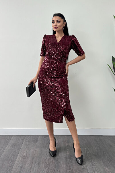 giyimmasalı Kadife Payet Ceket Elbise - Bordo