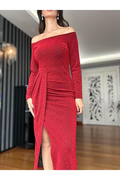 Atelier Derin Red Slit Off the Shoulder Shiny Dress