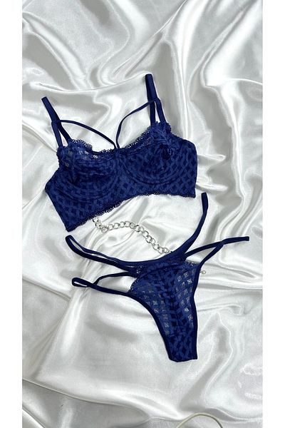 Clara Butik Navy Blue Lace Patterned Embroidered Unpadded Bra and Thong Underwear Set