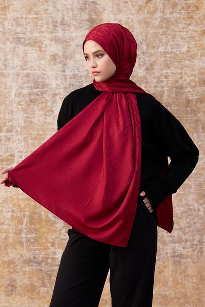 İpekhan Fall Winter Silky Jacquard Shawl Burgundy 9020-07