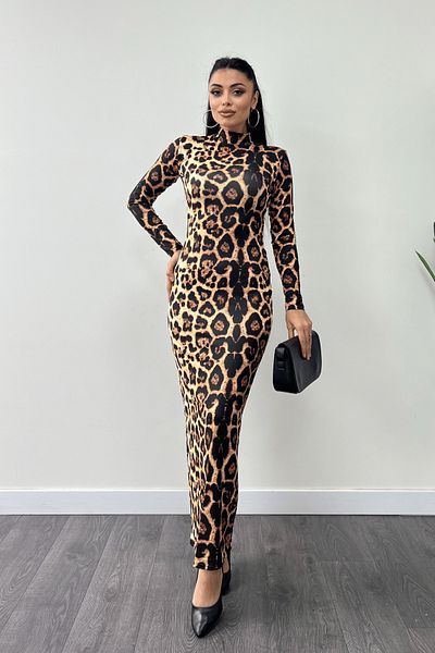 giyimmasalı Jersey Fabric Leopard Print Maxi Dress - LEOPARD