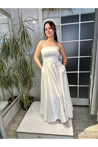 Abiye's STRAPLEZ MİDİ SATEN NİŞAN SÖZ İSTEME EVDEN ÇIKMA BEKARLIĞA VEDA BEYAZ NİKAH ELBİSESİ