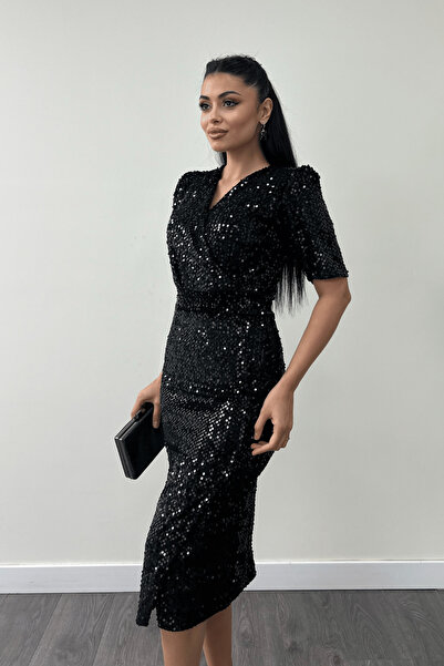 giyimmasalı Kadife Payet Ceket Elbise - Siyah