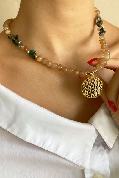 Sose Moda Crystal Glass Beads Natural Stone Necklace with Flower of Life - Orange