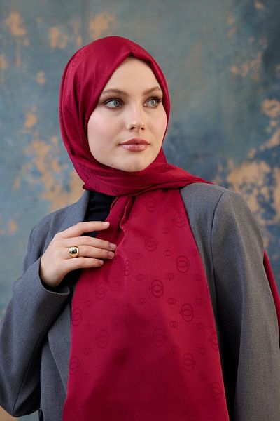 İpekhan Fall Winter Silky Jacquard Shawl Burgundy 9018-07