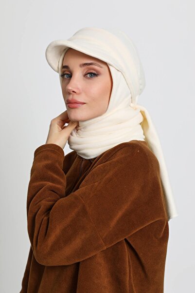 Aisha's Design Women's Fleece with Removable Visor, Scarf Winter Turban, B-84Pl, Ecru