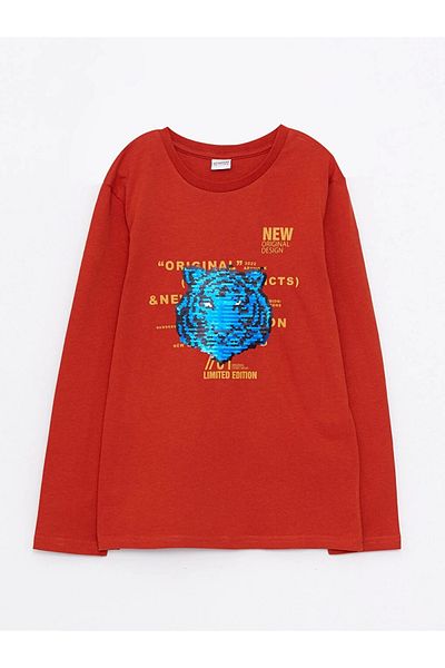 LC Waikiki Lcw Kids Orange Crew Neck Printed Sequin Embroidered Long Sleeve Cotton Boys T-Shirt