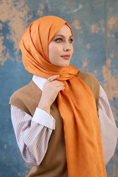 İpekhan Orange Silky Jacquard Shawl - Fall Winter 9018-03