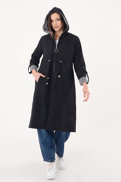 Hazel Women's Black Waist Drawstring Hooded Trench Coat