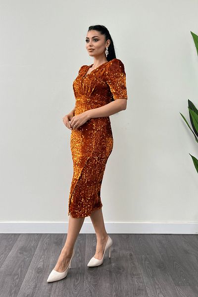 giyimmasalı Mustard Velvet Sequin Jacket Dress