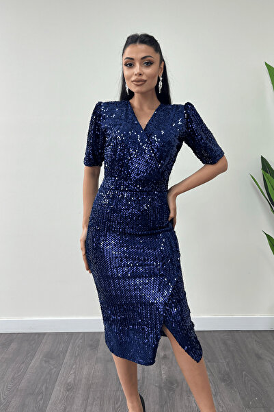 giyimmasalı Kadife Payet Ceket Elbise - KOYU LACİVERT