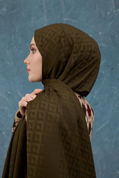 İpekhan Fall Winter Silky Jacquard Shawl Khaki 9019-02