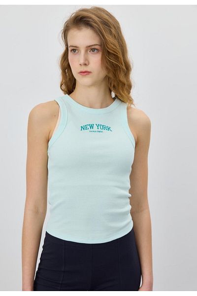TUBİA Bluză de damă Baby Blue New York cu broderie imprimată cu mânecă zero