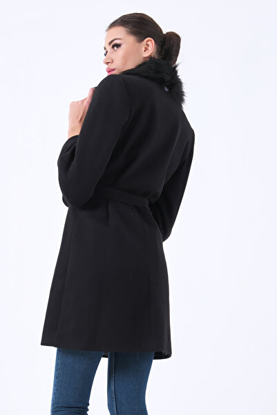 Feminist Seyyar Kürklü Çift Cepli Kaşe Kaban Siyah 0108080