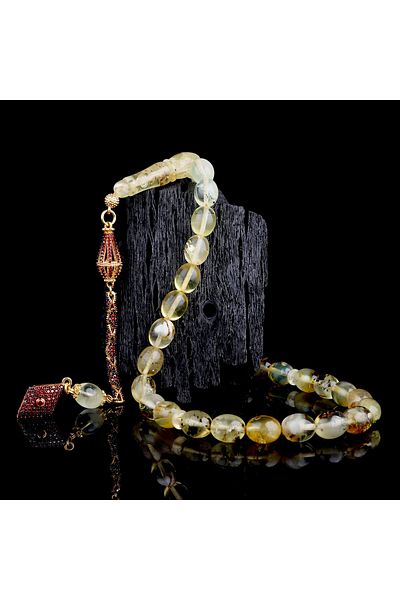 Tesbihsepetim Red Zircon Stone Silver Tasseled Fossil Drop Amber Rosary