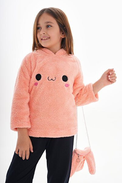 ROBA KIDS Pulover de pluș pentru fete, cu glugă, brodat, cu geantă - RB-703