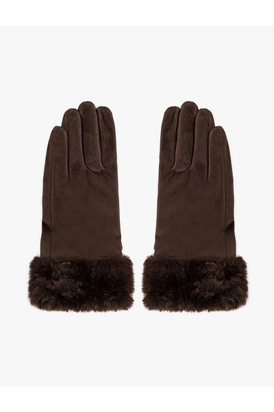 Koton Suede Look Gloves with Faux Fur Detail