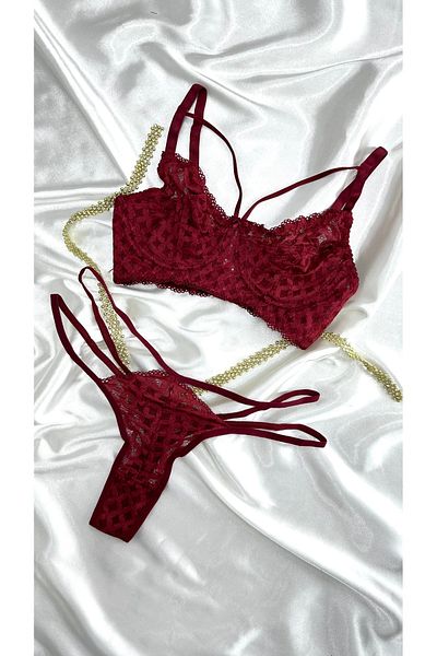 Clara Butik Set de lenjerie de corp pentru sutien și tanga, brodat, brodat, cu model din dantelă burgundă