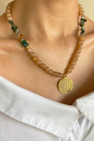 Sose Moda Crystal Glass Beads Natural Stone Necklace with Flower of Life - Orange