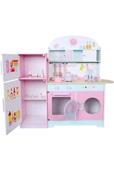 ALBADER لعبة مطبخ خشبية مع فرن ومجموعة ألعاب طهي الطعام وصانعة الثلج، مطبخ خشبي كبير