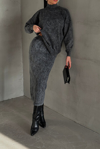 Ortaya Çık Antracit mosható szoknya kötöttáru szett