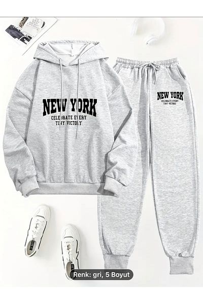 NEW TRENDY COLLECTİON New York Letter Print Two-Piece Set, Comfortable Long Sleeve Hoodie & Lace-Up Sweatpants Outfits