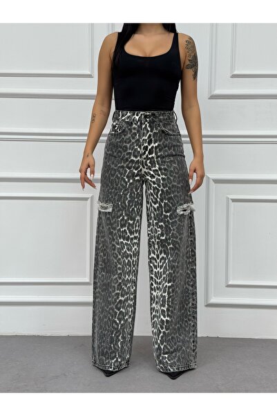 XBELLA DENİM PALAZZO BAGGY LEOPARD ΠΛΕΥΡΑ LASER ΠΕΤΡΑ ΠΛΥΣΙΜΟ ΧΑΚΙ ΤΖΙΝ