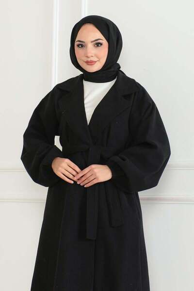 SGS Μαύρο παλτό με καστανόχρωμο χρώμα - διπλό πέτο Σχέδιο γιακά