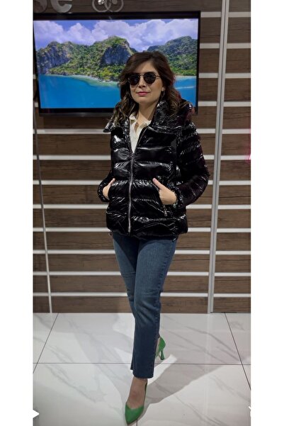 Robins Siyah Tasarım Parlak Şişme Mont